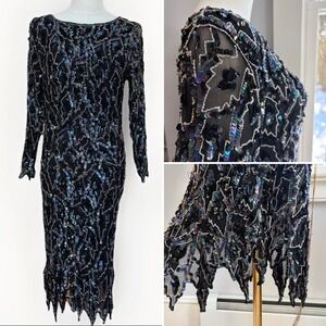 Vintage Iridescent Black Silk Sequin Embellished Dress M Formal Glam Art Deco